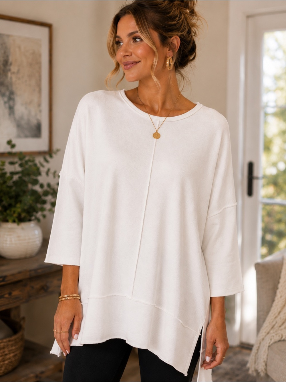 SPANX M Cream Oversized French Terry Tunic Sweatshirt High Low Hem
